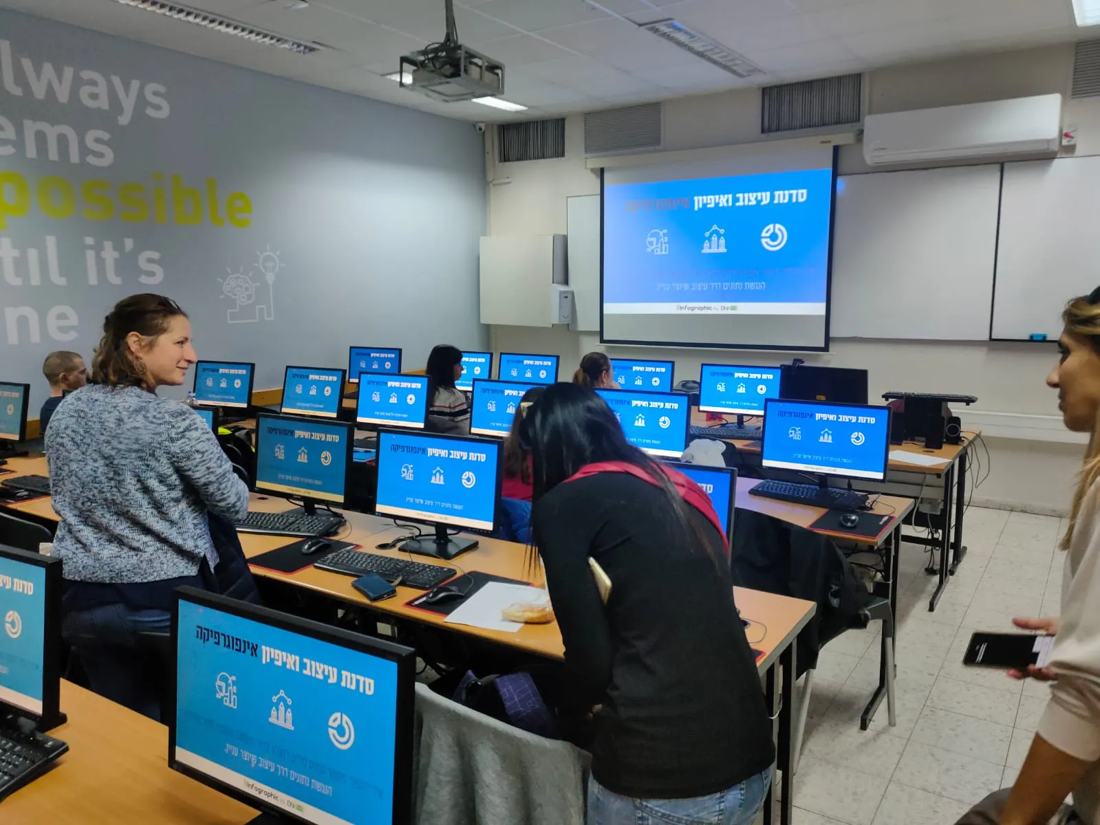 סדנת AI מעשית במעבדת מחשבים — משתתפים מתרגלים כלי בינה מלאכותית