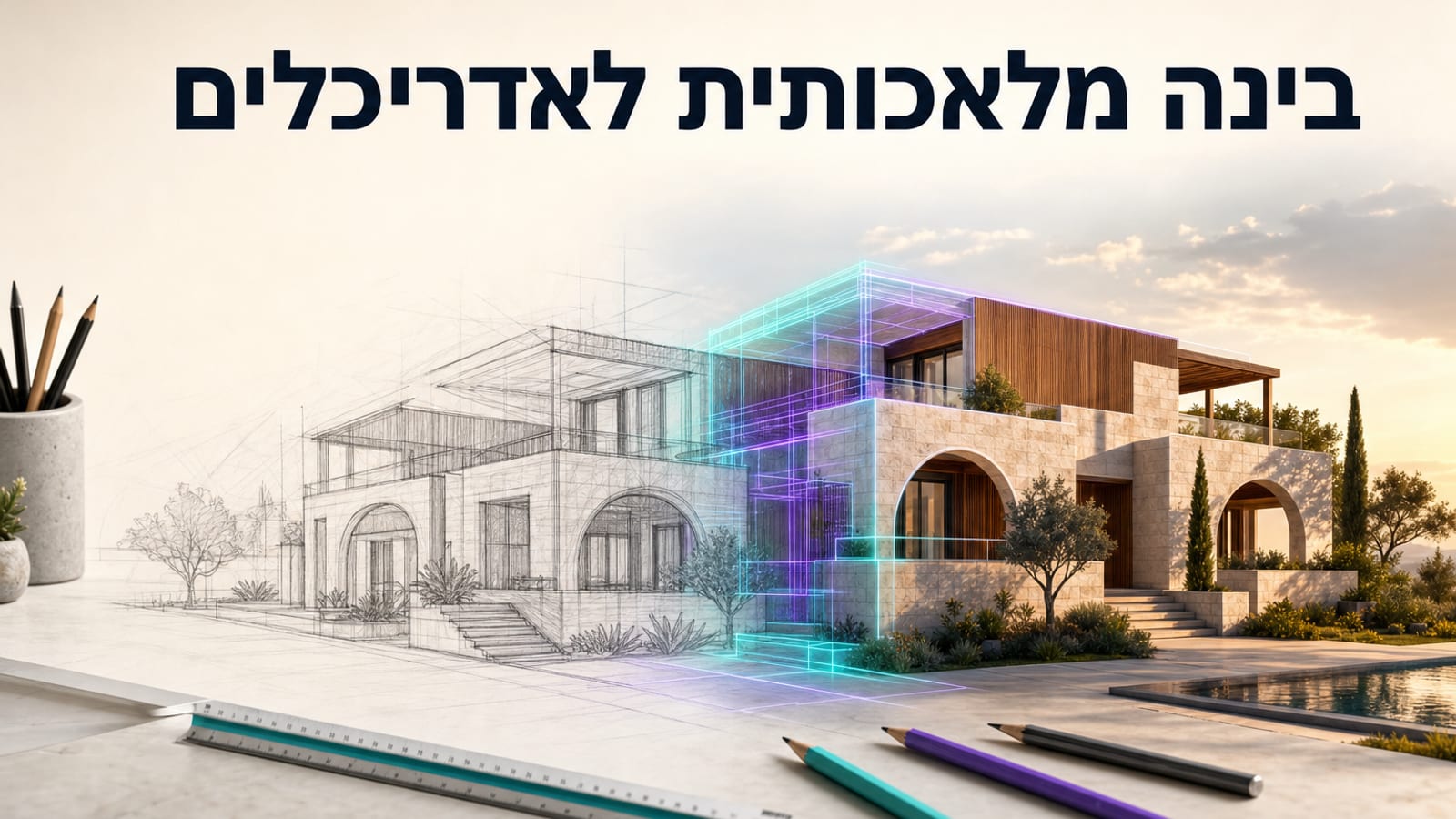 סקיצת עיפרון של בניין מגורים שהופכת בהדרגה להדמיה פוטוריאליסטית על שולחן של משרד אדריכלים — מדריך AI לאדריכלים ולמעצבי פנים
