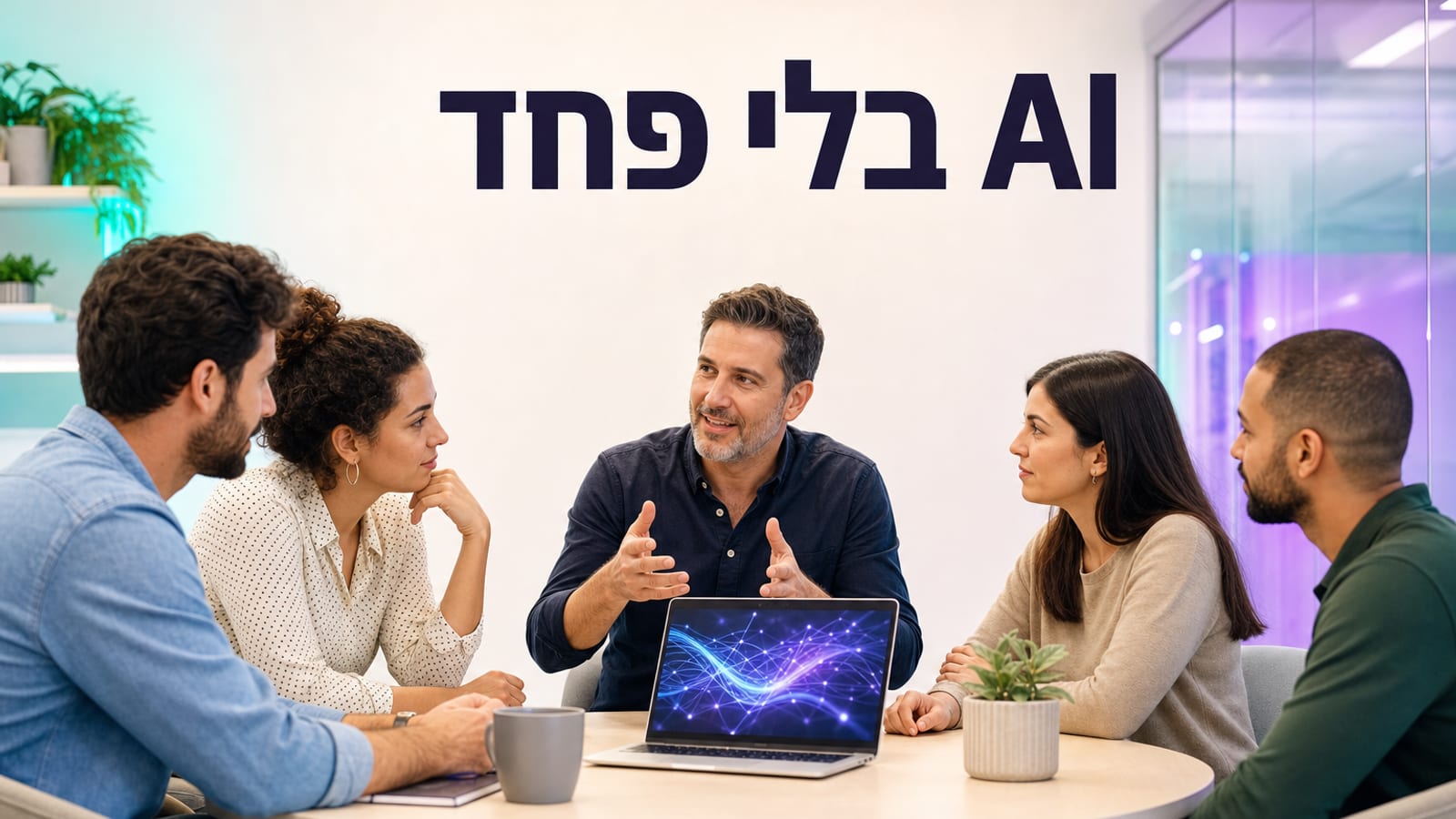 מנהל וצוות עובדים משוחחים סביב שולחן עגול על בינה מלאכותית באווירה רגועה ופתוחה — מדריך למנהל איך מדברים עם הצוות על AI בלי פחד
